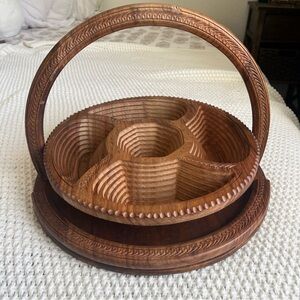 Vtg Artisan Hand Carved Wooden Food Storage Basket Collapsible 5 section Ornate